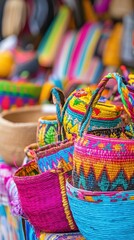 Fototapeta premium Stalls feature intricate woven baskets and bright tapestries at the Ecuadorian celebration
