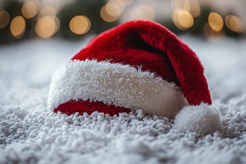 A cozy red Santa hat on a white fluffy surface, perfect for Christmas and winter holidays
