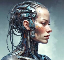 Technology illustration of cyborg with brain connections.