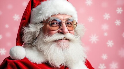 Smiling Santa Claus with glasses on snowy pink background, cheerful Christmas greeting