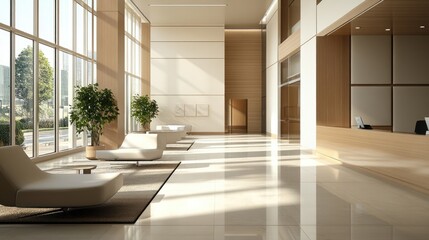 Fototapeta premium Modern, bright lobby with elegant lounge chairs and large windows showcasing natural light.