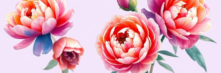 Colorful watercolor peonies in a loose impressionistic style against a soft lilac background, lilac, painting, abstract