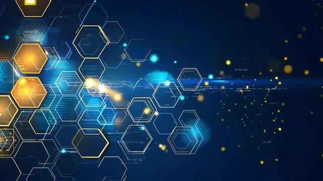 Abstract digital pattern with glowing hexagonal elements on a blue background