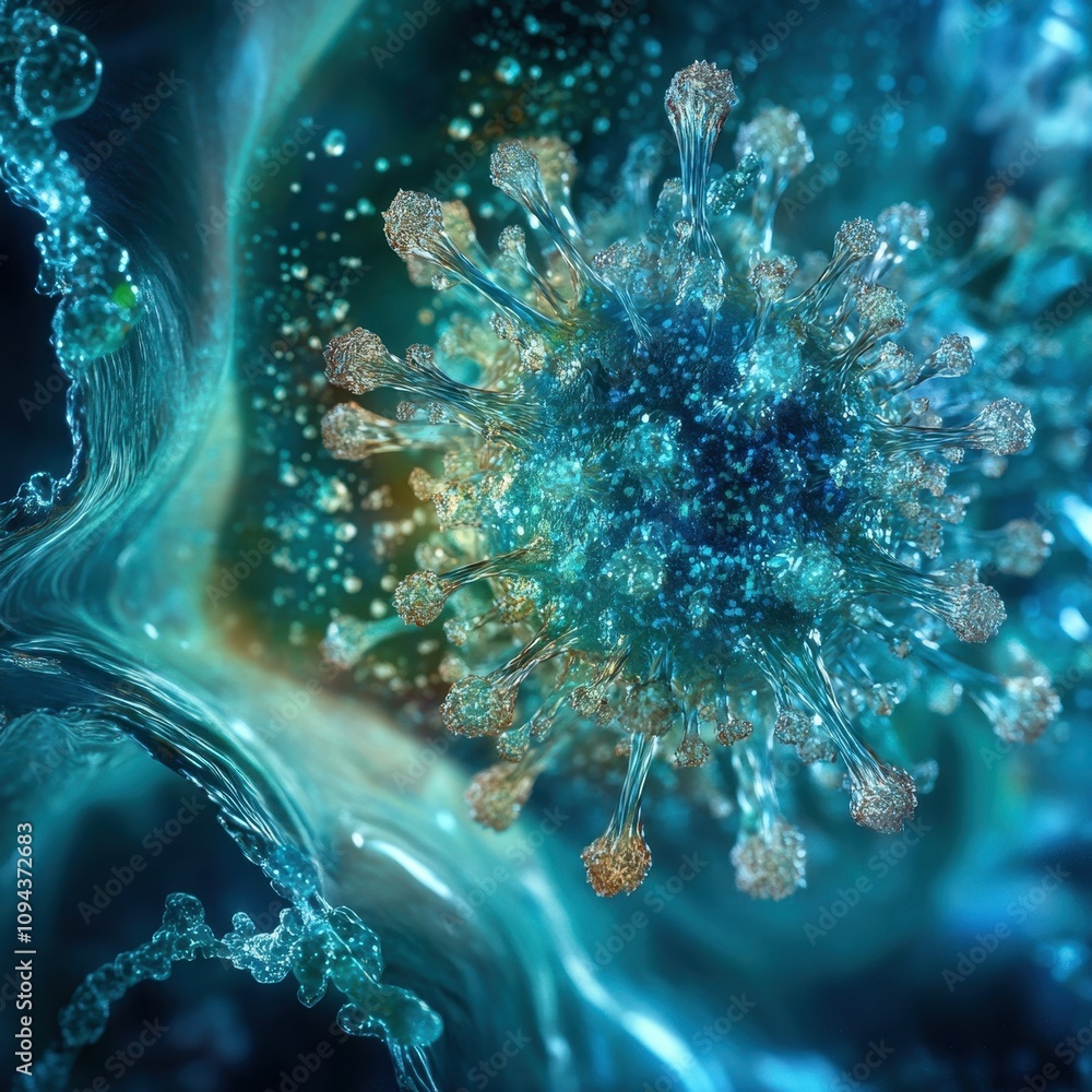 Poster a detailed visualization of a virus in a dynamic, abstract environment.