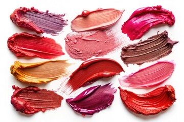 Fototapeta premium Vibrant Lipstick Smears and Stains Isolated on White Background for Makeup and Beauty Photography