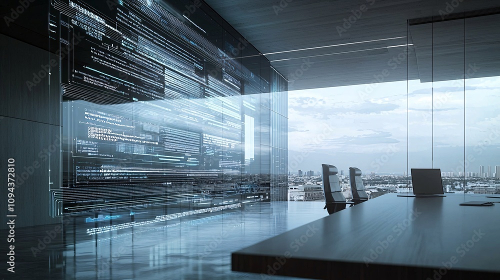 Poster corporate executives in a boardroom using ai-powered tools for business forecasting in a sleek works