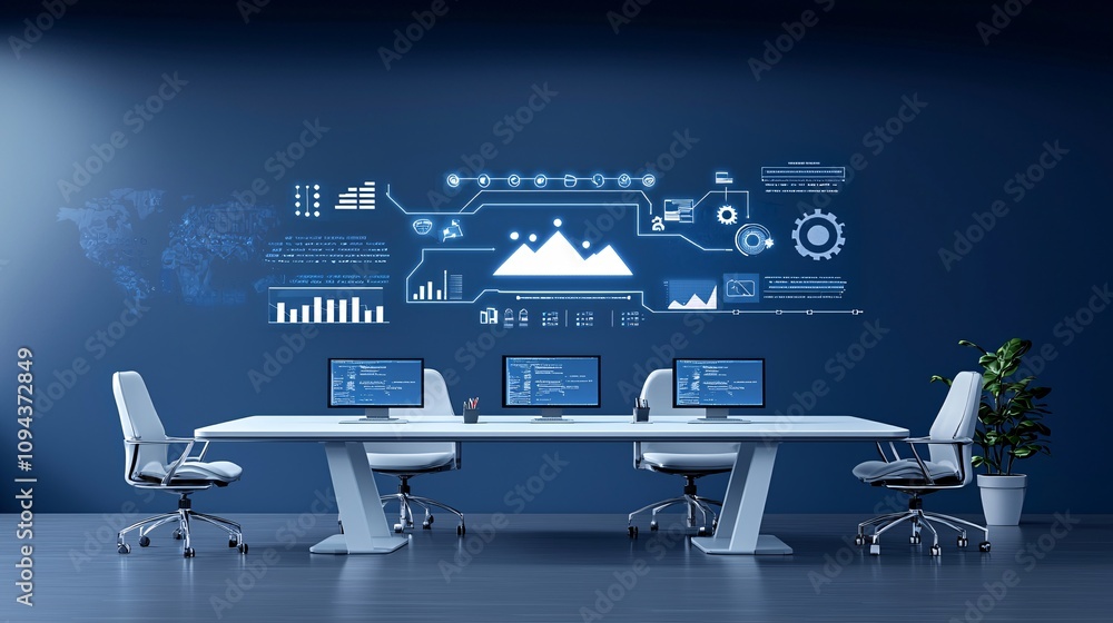 Poster corporate executives in a boardroom using ai-powered tools for business forecasting in a sleek works