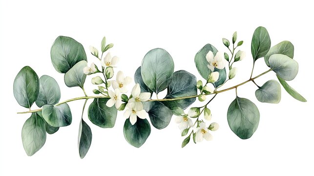 A watercolor painting of a eucalyptus branch with delicate white flowers.