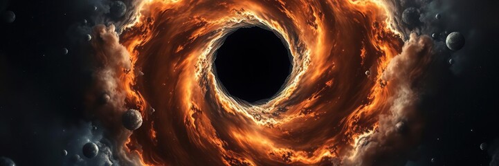 Cosmic event with a massive black hole at its center surrounded by swirling clouds of gas and dust, dust, gravity, space