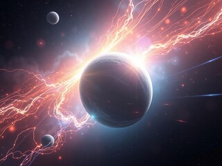 Obraz premium Cosmic energy currents intersecting with iridescent auras of celestial bodies, shimmering lights, cosmic currents