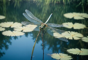 Naklejka premium Close-Up of Dragonfly Hovering with Water Ripples Below