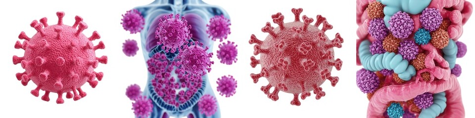 3D Virus Disease Concept. Close-up view of virus structures showcasing intricate details and vibrant colors, representing microorganisms and their complexities.