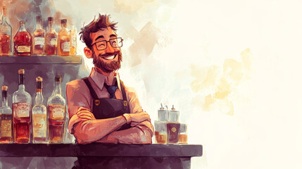 Celebrating National Bartender Day with a cheerful cartoon bartender in a cozy setting enjoying their craft