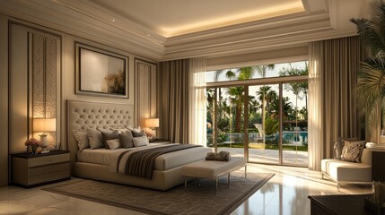 Elegant master bedroom with plush decor and a serene view of the outdoors.