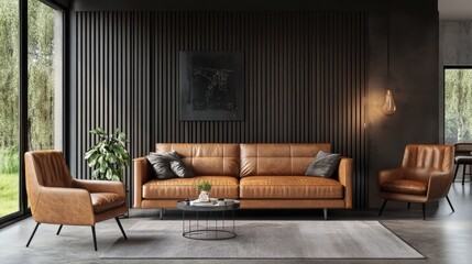 Stylish living room featuring a modern brown leather sofa and two matching armchairs, set against a sleek black wall.