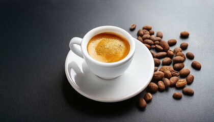 Fototapeta premium Espresso with fresh foam with coffee beans on a dark grey background
