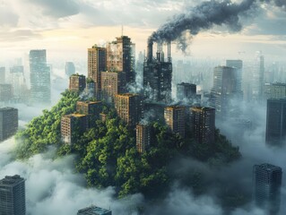 A unique blend of nature and industry, showcasing a lush hillside amidst towering, smoke-emitting skyscrapers in a foggy cityscape.