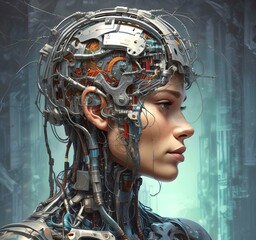 Technology illustration of cyborg with brain connections.