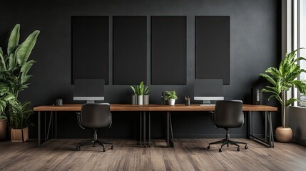 Modern minimalist office space featuring two desk setups with plants and dark walls.