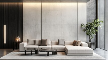 Modern living room featuring a plush beige sofa and minimalistic decor in a sleek, contemporary setting.
