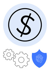 Dollar sign in circle, two gears, and blue shield with fingerprint. Ideal for finance, security, technology, cybersecurity, business management financial services secure transactions. Line metaphor