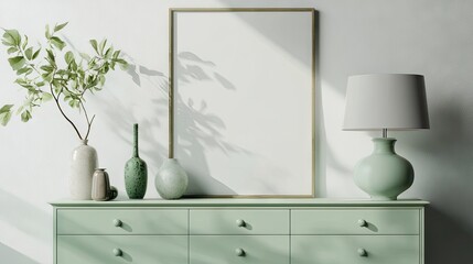 A serene mint green dresser adorned with minimalist decor, featuring vases and a lamp, bathed in soft natural light.