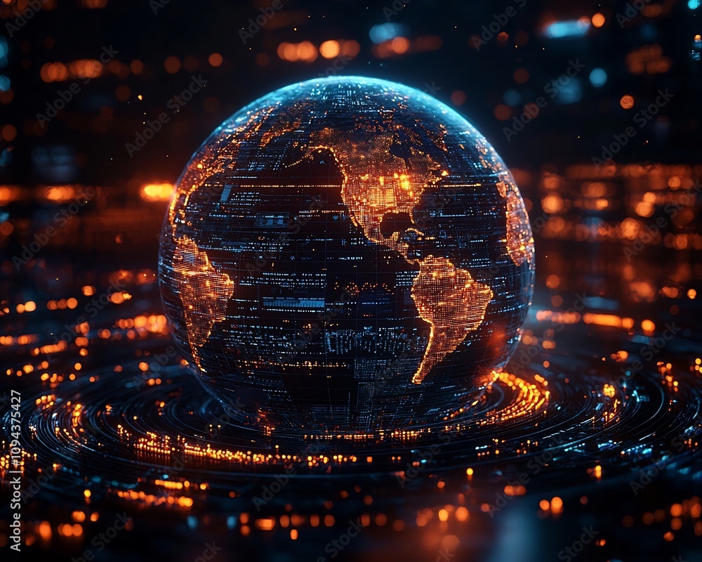 Poster futuristic globe surrounded by floating holographic data screens in minimalist space concept