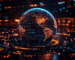 Futuristic Globe Surrounded by Floating Holographic Data Screens in Minimalist Space Concept