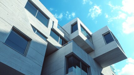 Modern apartment block with angular balconies, light gray exteriors, and a striking blue sky.