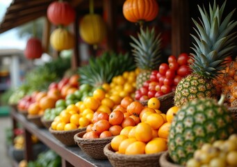 Colorful fruit market display with fresh produce in vibrant arrangements