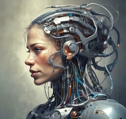 Fototapeta premium Technology illustration of cyborg with brain connections.