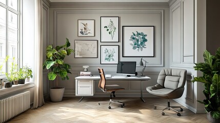 Fototapeta premium Stylish modern office with a plant, desk, and ergonomic chair in a bright, airy space.