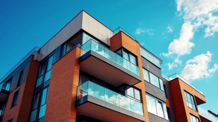Modern urban living showcased by an apartment with spacious balconies and a crisp, clear sky as the backdrop