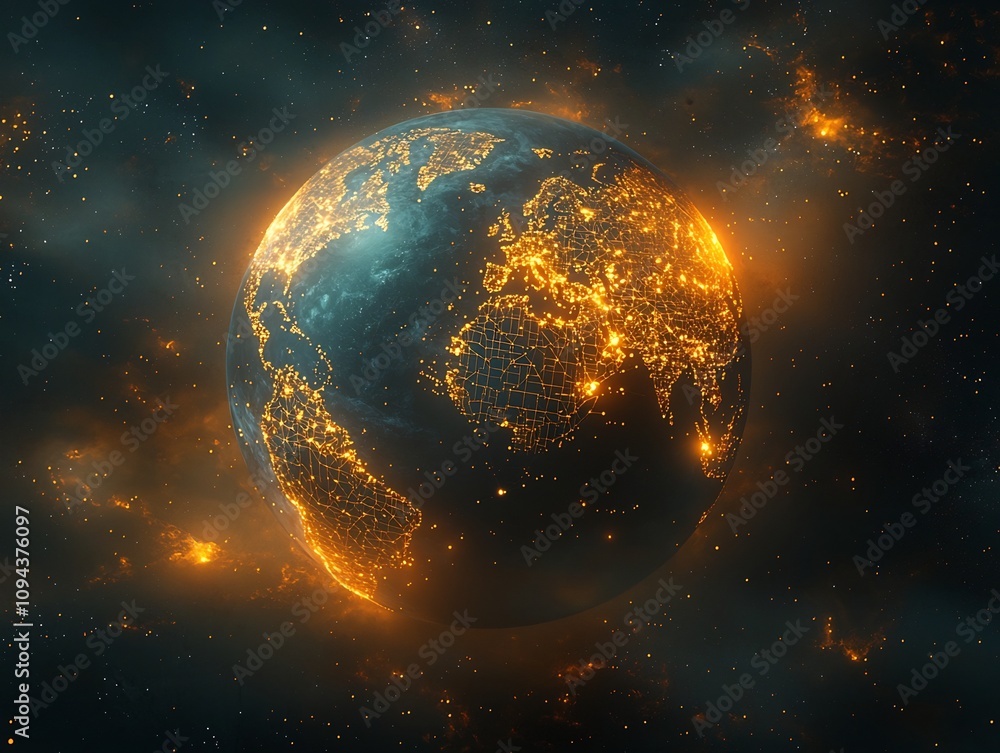 Poster glowing digital earth with crisscrossing data grids global connectivity and tech concept
