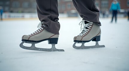 Obraz premium Ice skating, close up of skates on ice
