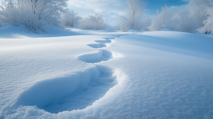 Serene Winter Landscape With Snowy Path Under Blue Sky