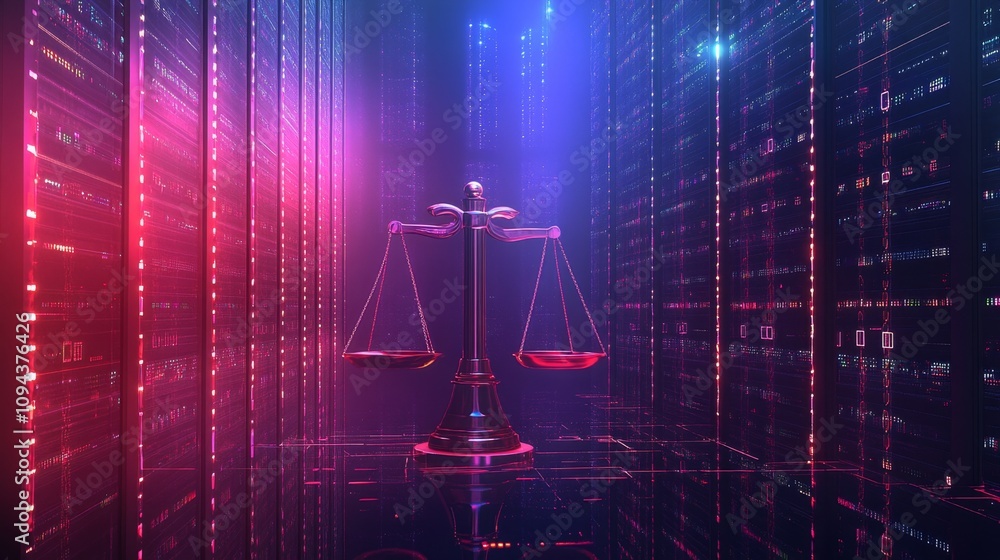Poster digital justice balancing scales in a high-tech data center futuristic setting data visualization co