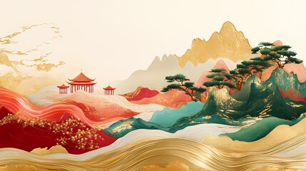 Traditional Chinese gold red green mountain pavilion illustration poster background