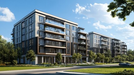 Sleek apartment complex with large glass-panel balconies, urban design, and a radiant blue sky