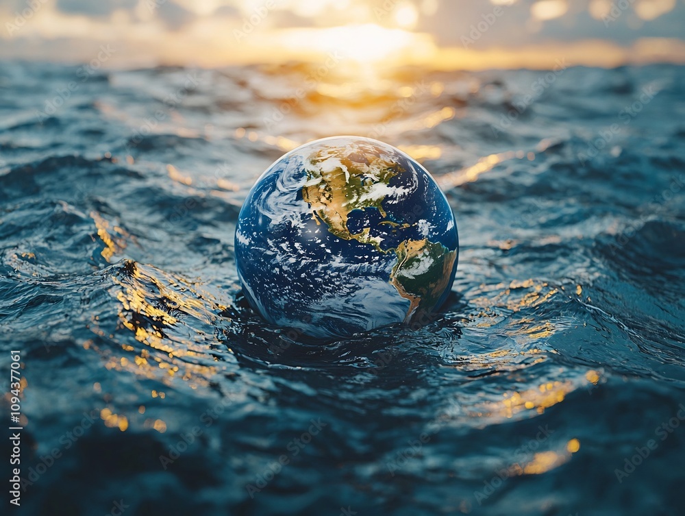 Aufkleber planet earth floating on a leaf in the middle of an ocean symbolizing the need for global environmen