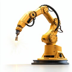 Yellow robotic arm welding sparks white background.