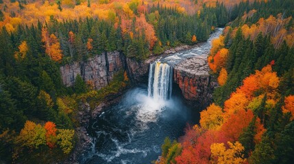 Aerial view of a waterfall cascading down rocky cliffs, surrounded by vibrant autumn foliage. (1)