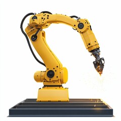 Yellow robotic arm welding sparks.