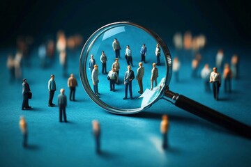 Job Search Magnifying Glass Examining People on Blue Background Recruiting Candidates for Employment