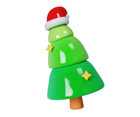 Christmas tree with stars and Santa hat 3D render.