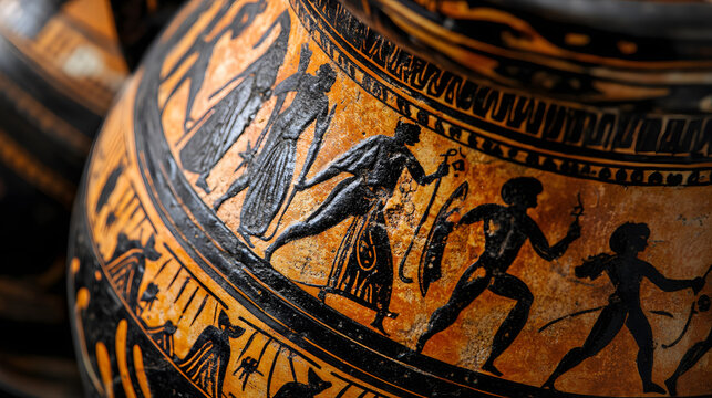 An ancient Greek amphora featuring black-figure pottery designs depicting mythological tales.