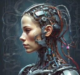Obraz premium Technology illustration of cyborg with brain connections.