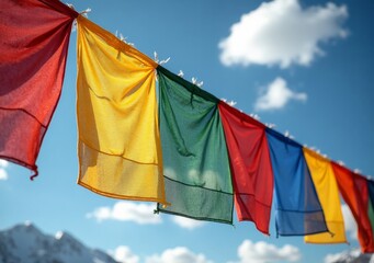 Colorful prayer flags flutter under a blue sky in a mountainous landscape