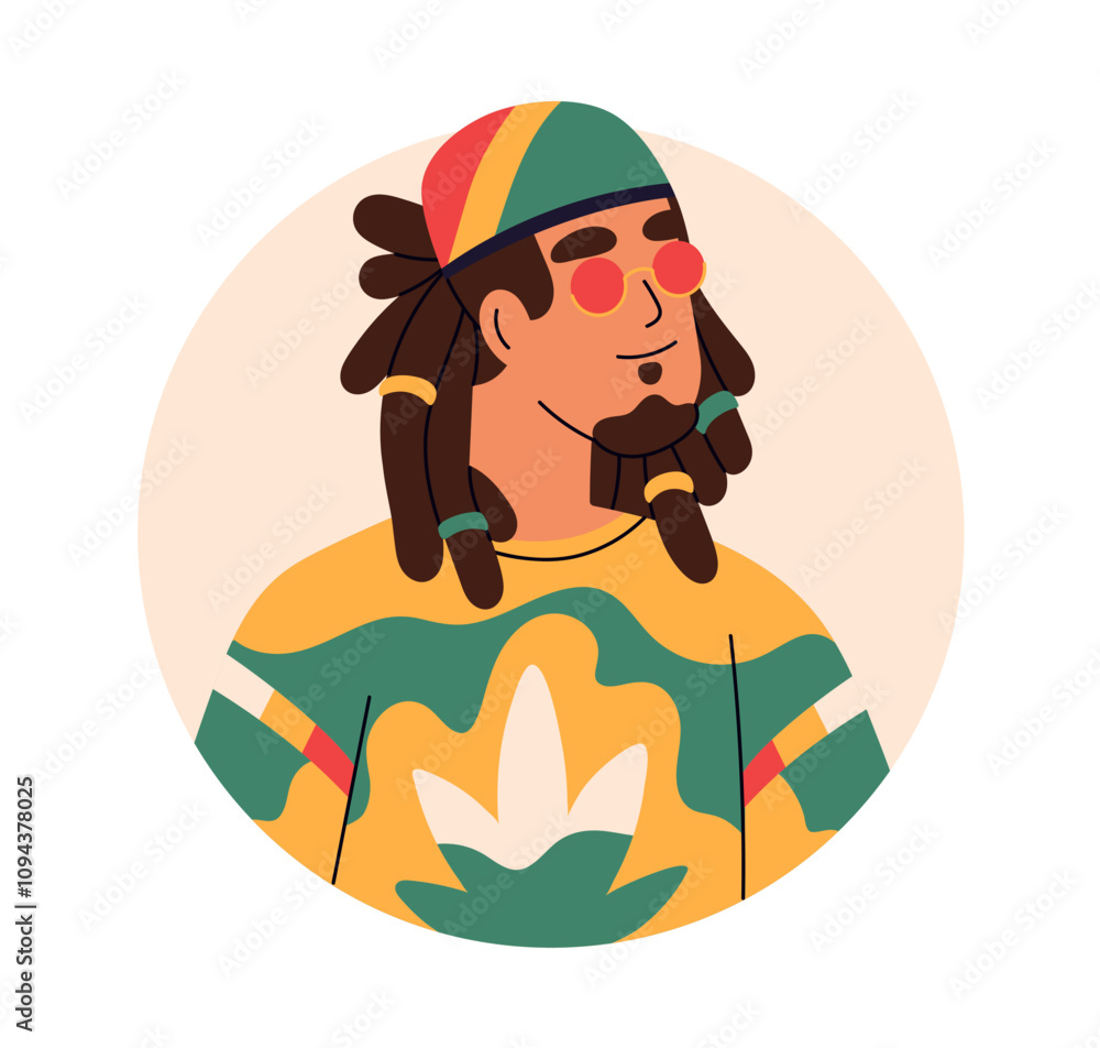 Sticker Man with dreadlocks in sunglasses and colorful headband, cannabis leaf on attire, reggae and Rastafari relaxed style. Cool character avatar. Flat vector illustration isolated on white background