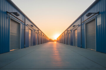 Row of blue industrial buildings with shuttered doors and security lights, lit by sunset.